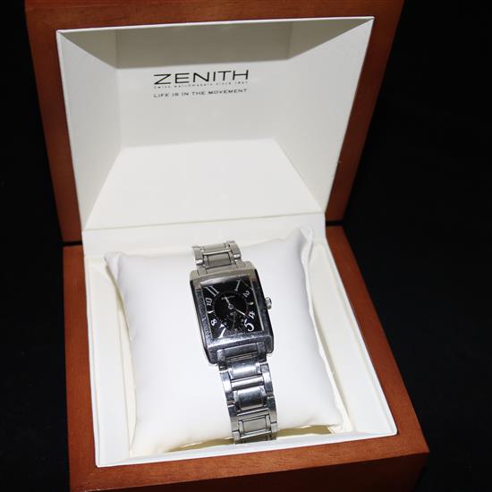 A boxed gentlemans stainless steel Zenith wrist watch.